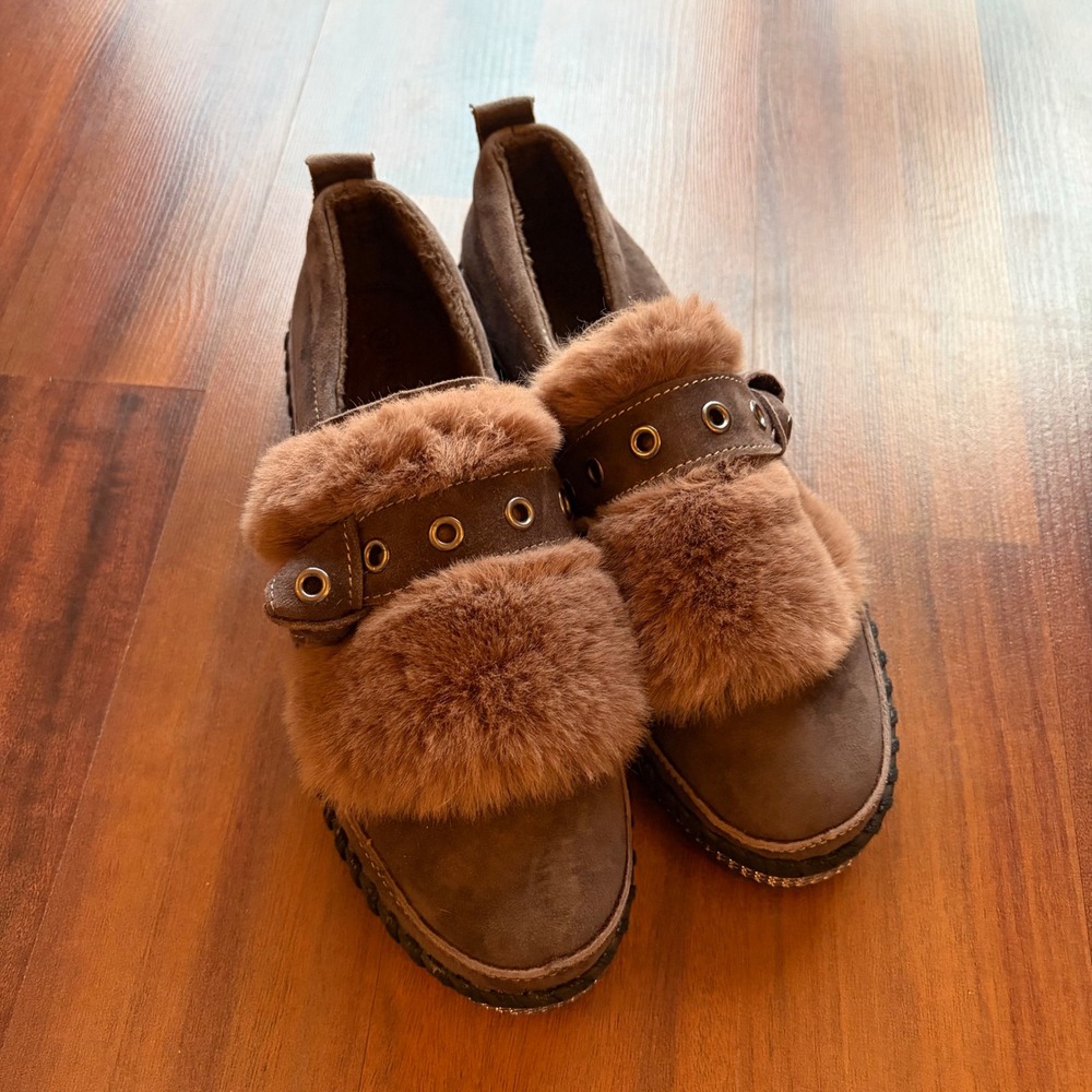 Bernardo BM New York Brown Suede Faux Fur Buckle Platform Loafers US 8.5
